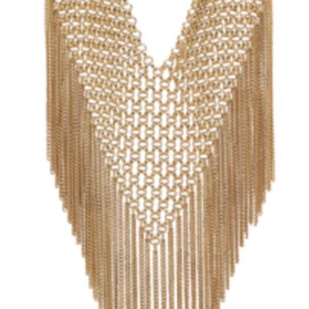 FRINGE BENEFITS BIB NECKLACE, 15 INCHES LONG & 3.5 INCH EXTENDER, METAL FRINGE